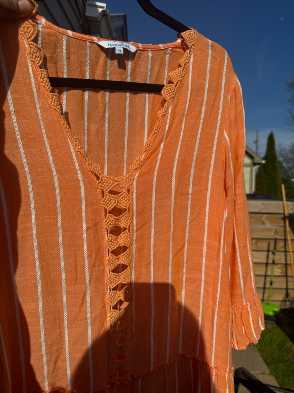 Blue Island Orange Boho Blouse Striped Crochet Lace Peplum Top Size M - Picture 4 of 10